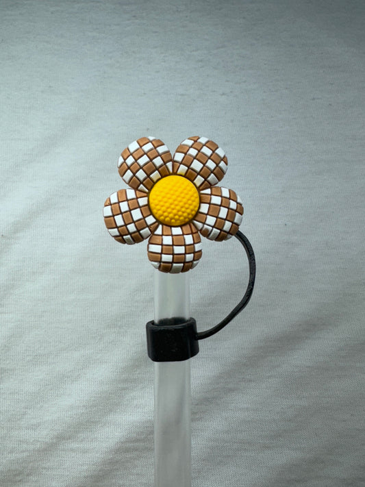 Brown checkered flower straw topper