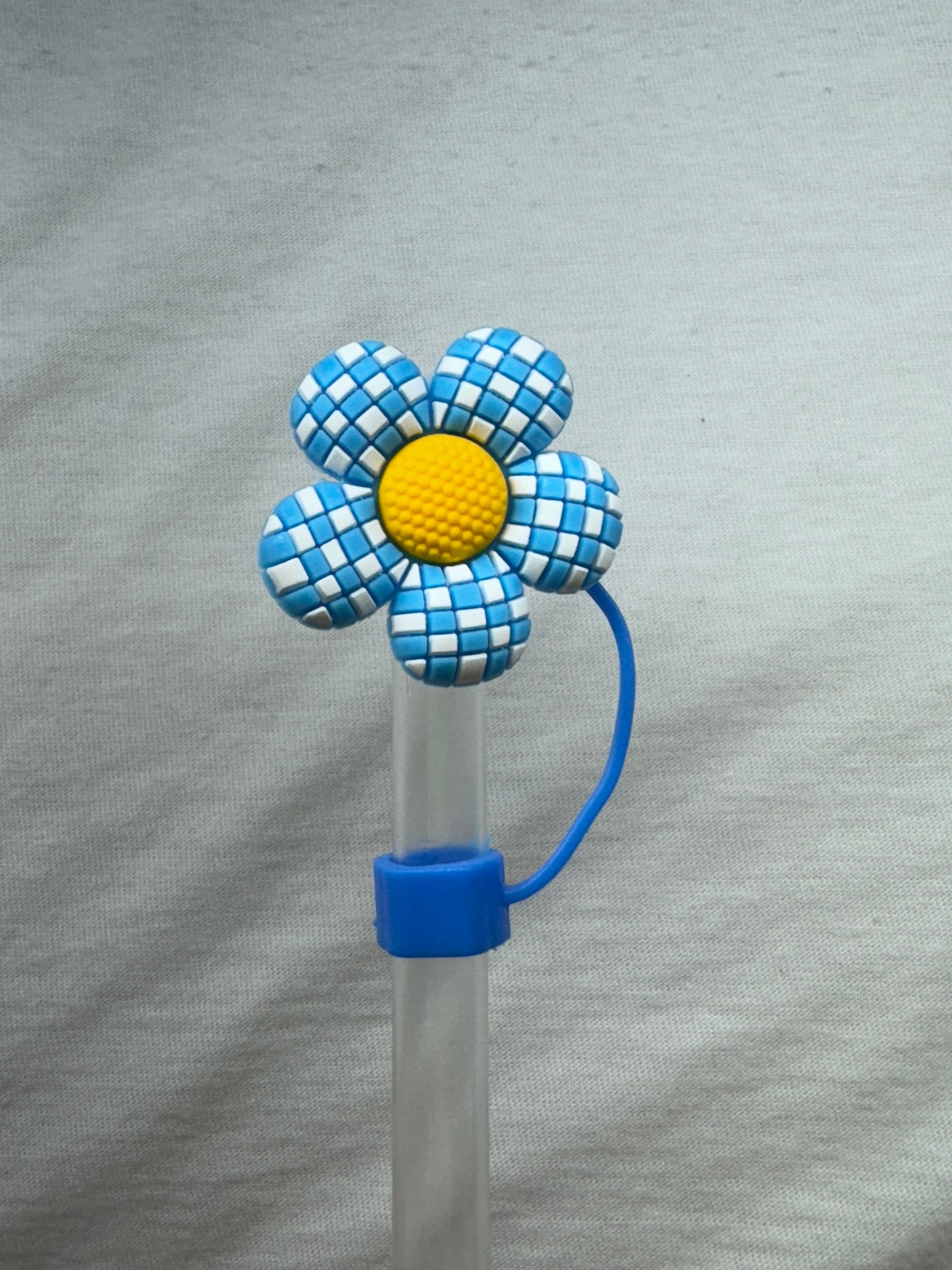 Blue checkered flower straw topper