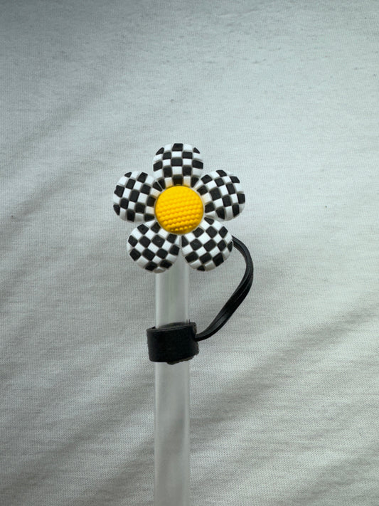 Black checkered flower straw topper