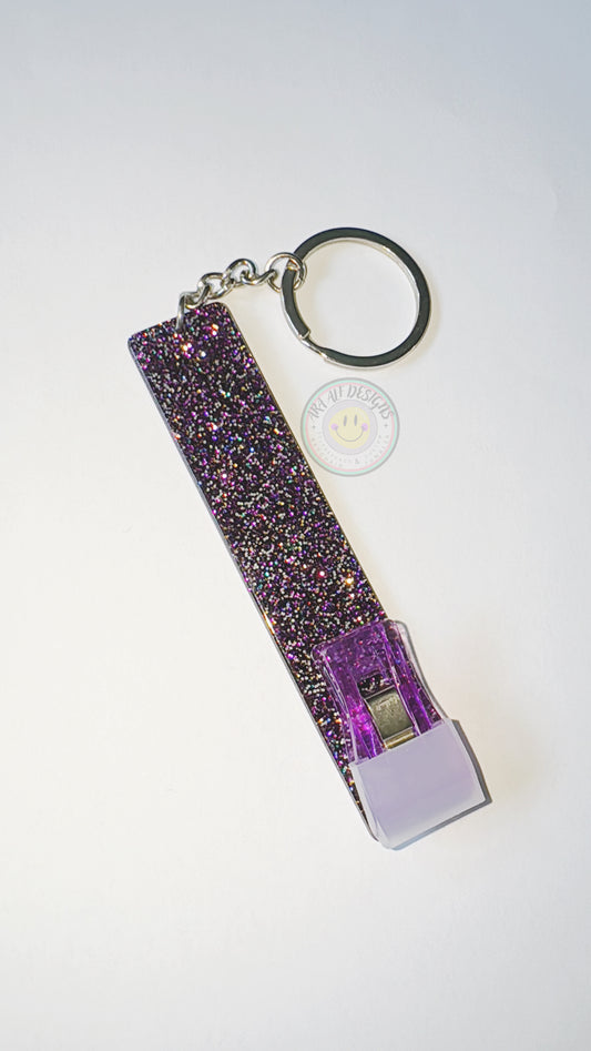 Purple credit card grabber keychain